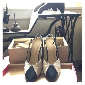 Blue and Tan sling back pumps with box