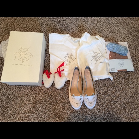 Charlotte Olympia kitty satin flats white
