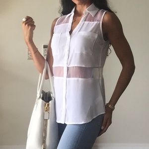 Sleeveless Sheer Cut Button Up