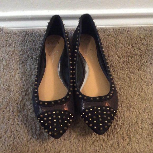 Jessica Simpson black, gold studded flats