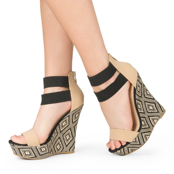 JustFab Shoes - Adorable Geo Aztec Strappy Wedges in Black/Nude