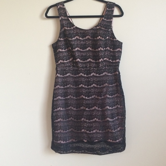 Black Lace Dress with Pink Underlay - M