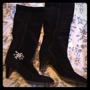 Pollini Black Suede Boots Rhinestone Embelishments