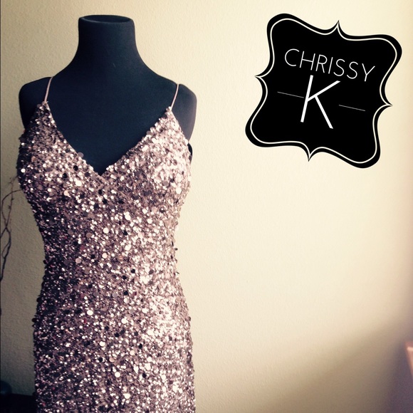 E! Red Carpet Cognac sequined cocktail dress.
