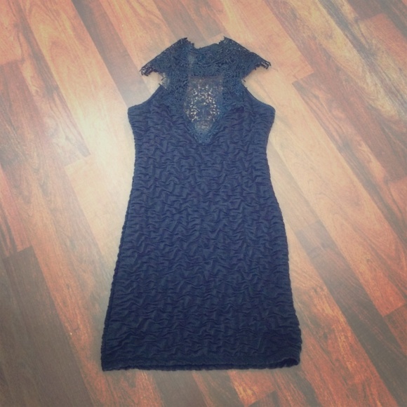 Black Dress with Lace Neck and Low Back - S