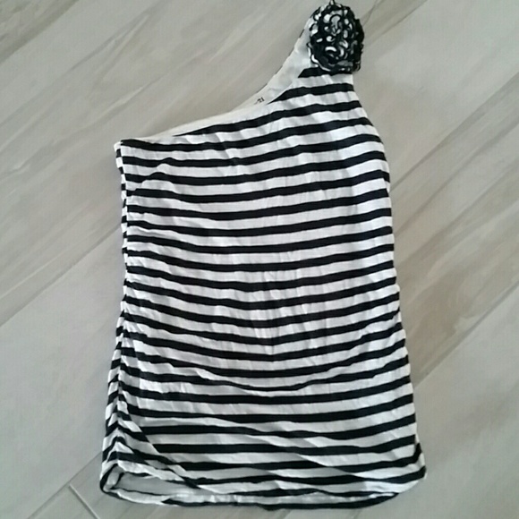 Nautical Stripe Asymmetrical Top w/Flower Detail