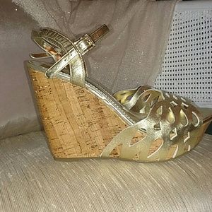 BCBGeneration gold sandal wedges
