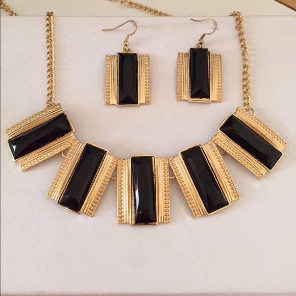 Jewelry - Black and Gold Statement Necklace and Earrings