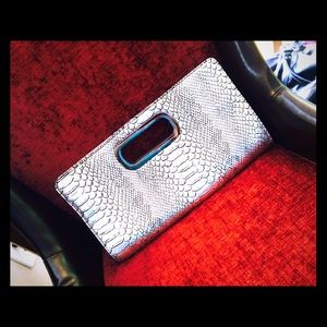 Silver snakeskin clutch