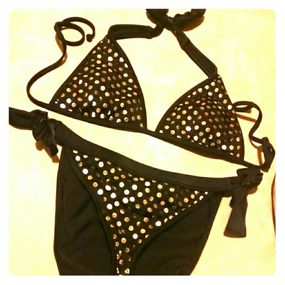 GUESS Black Halter Gold Faux Sequin Bikini