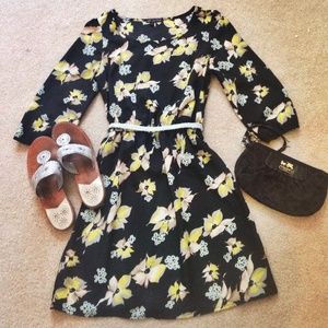Black & yellow floral dress w/ light blue belt
