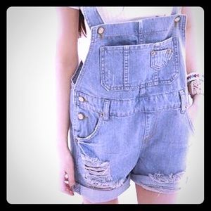Striped Denim Front Flap Pocket Short Overalls