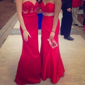 Red mermaid prom dress on right