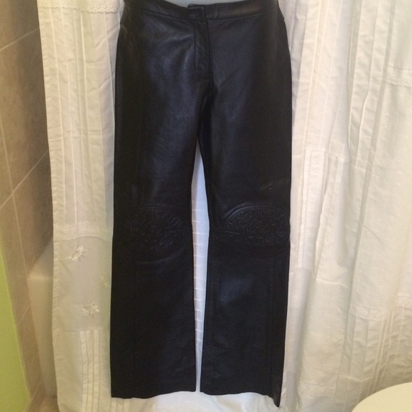 BCBG black leather pant with detail on knees