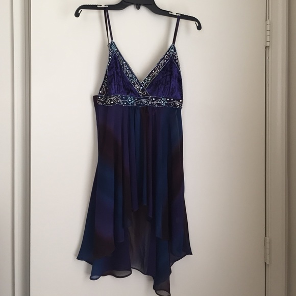 Blue multi colored sheer and velvet beaded top - Picture 1 of 3