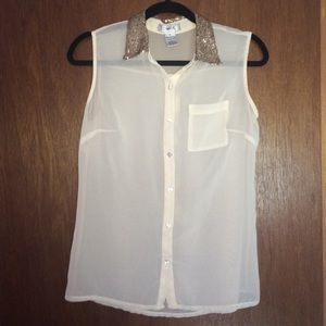 Gold sequin collared sheer top
