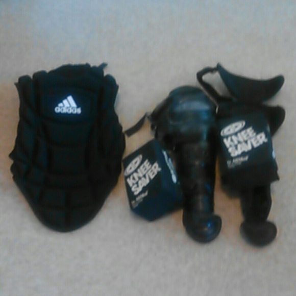 Youth baseball catcher chest and knee equipment