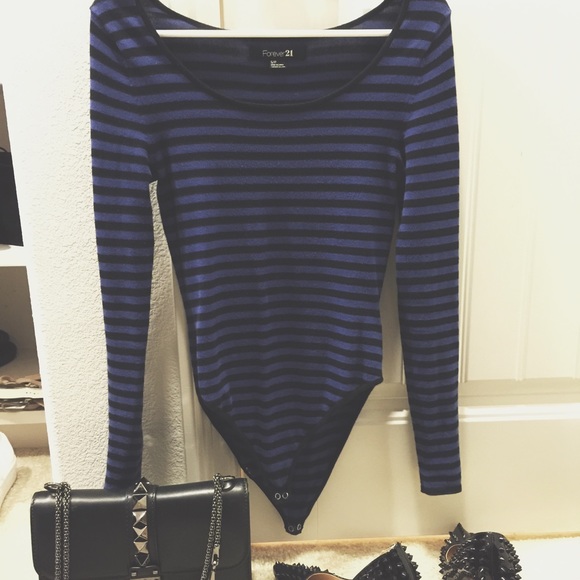 SOLD!~~~Black & Blue Striped Long Sleeve Body Suit