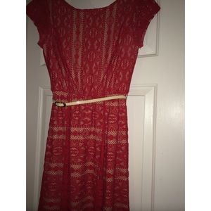 Red lace dress with tan slip and belt