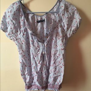 Blue and white striped floral blouse