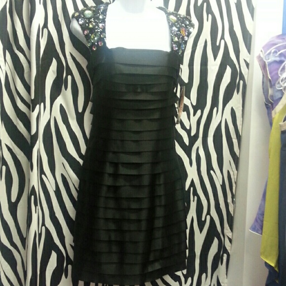 Black layered fitted dress embellished sleeves
