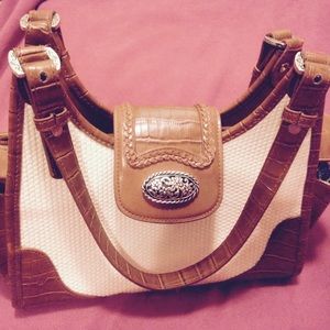 White woven cloth with leather trims bag-Pre loved