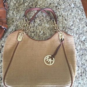 Michael Kors woven and tan leather purse