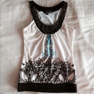 White Tank Top with Brown Bead Neckline