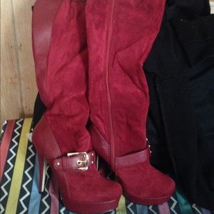 Red knee high boots