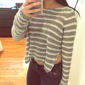 Grey and white striped  long sleeve sweater