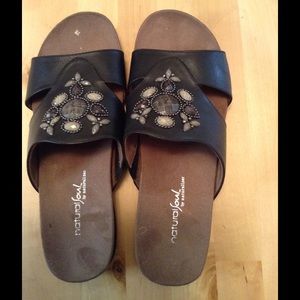 Sandals. Black with gray embellishments.
