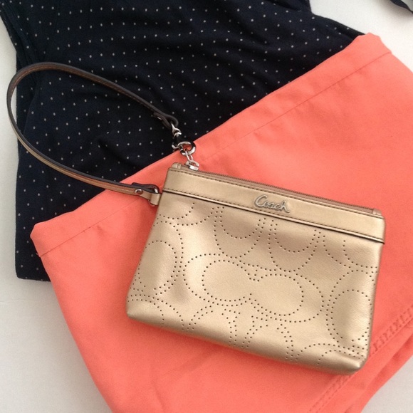 COACH zip wristlet in metallic soft grain leather