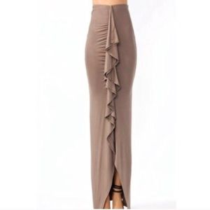 Front gathered ruffled taupe maxi skirt