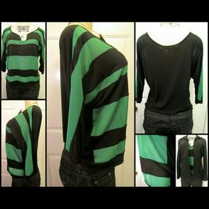 Emerald Green Black Short Sleeve Sheer Cutout Top