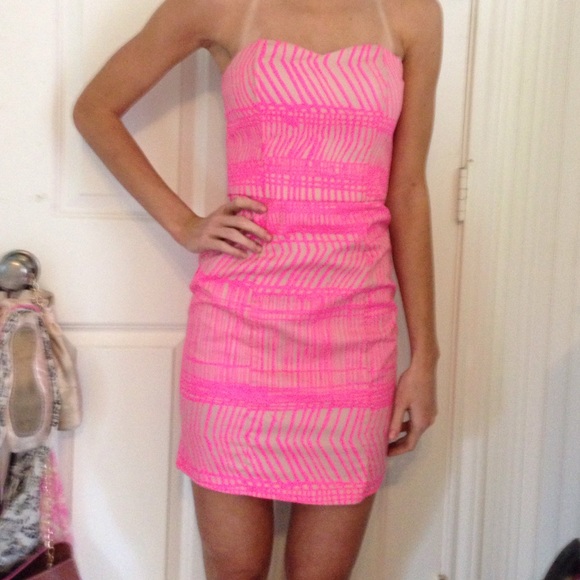 H&M pattern dress pink and tan strapless