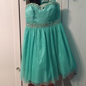 Teal short prom dress with rhinestone details