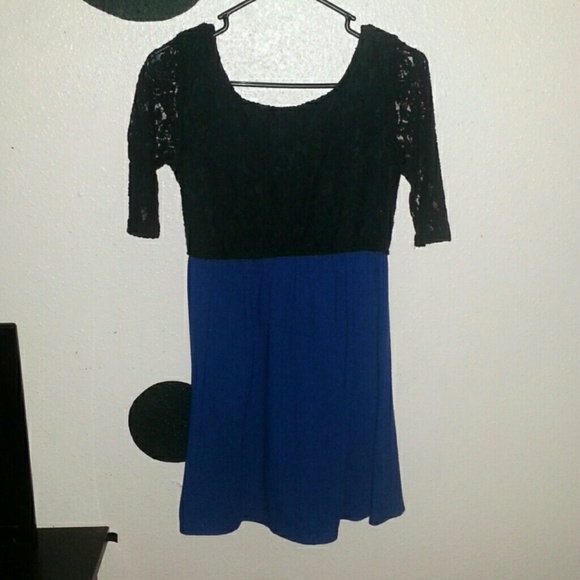 Short royal blue, black lace dress.