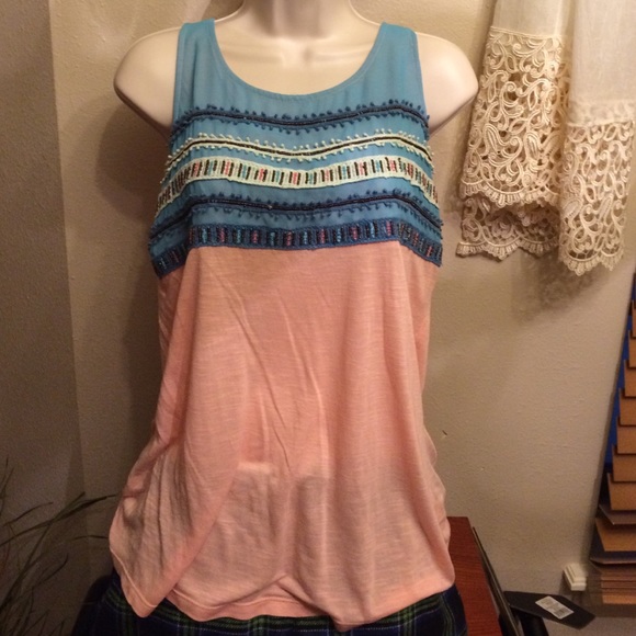 Free People peach embellished beaded tank L