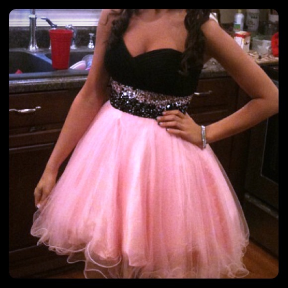 Short, pink, strapless prom dress