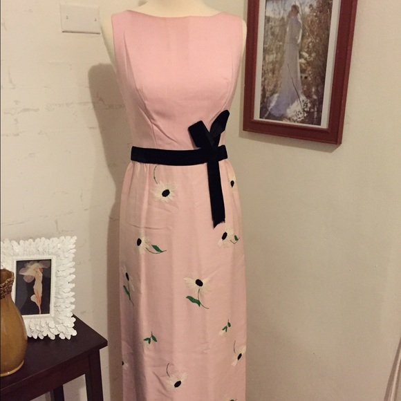 1960s long pink dress with velvet bow