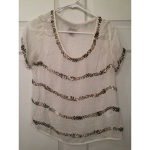 Lucky Brand Sheer Sequined Tee S