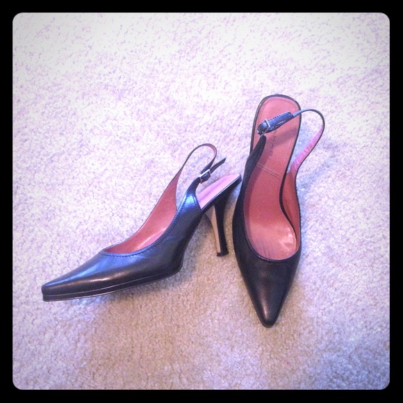 Black leather sling-back pumps