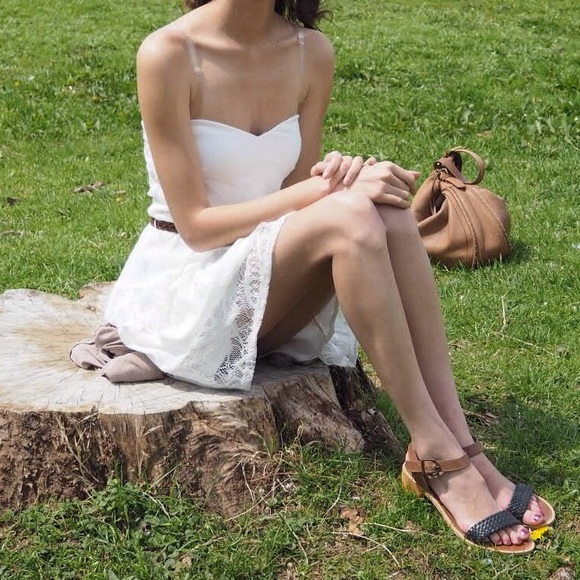 White dress with brown woven belt