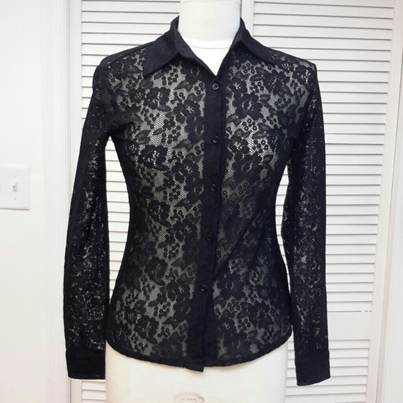 Black, Sheer Floral Lace Button-Up Shirt