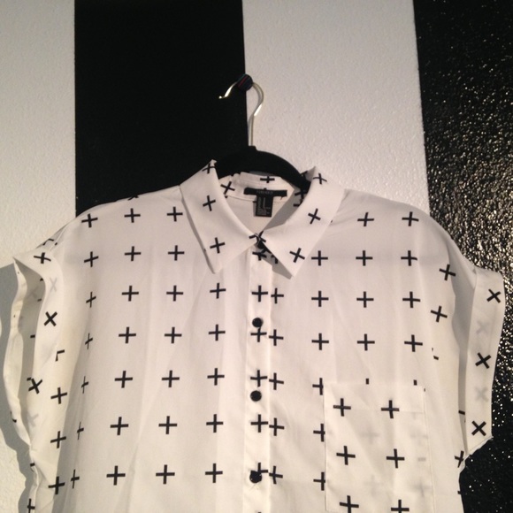 F21 White & Black Cross Button-Down Sheer Top