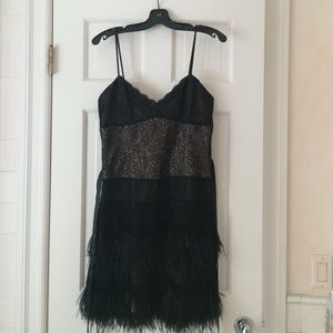 BCBG black lace and feathered dress