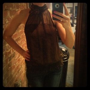 Brown tube top with sheer overlay and neck tie