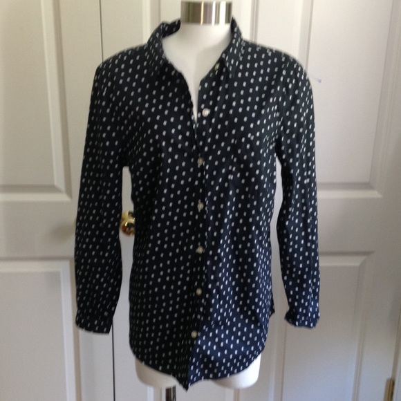 Navy button down with white polka dots