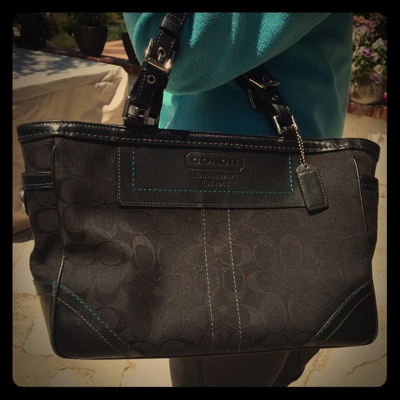 Coach Black Tote with Turquoise accents