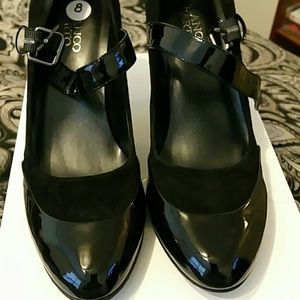 Suede and patent leather heels